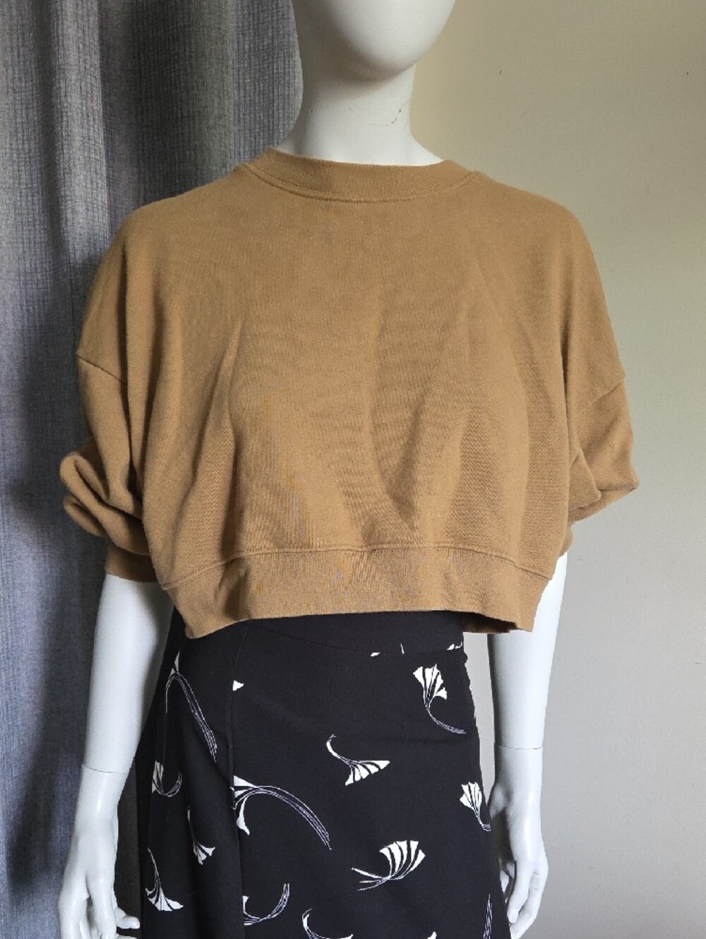 OAK + FORT Oversized Cropped Crewneck Sweater in Camel Brown - Picture 7 of 10